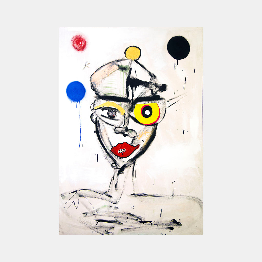 The artwork 'Never Spoon Feed' by Cavier Coleman features an abstract portrait rendered in a neo-expressionist style, characterized by bold dripping effects and vibrant color accents including a red circle, blue orb, yellow dot, and black sphere against a white background. The composition showcases dynamic brushstrokes and a striking yellow eye detail, created in acrylic on canvas.