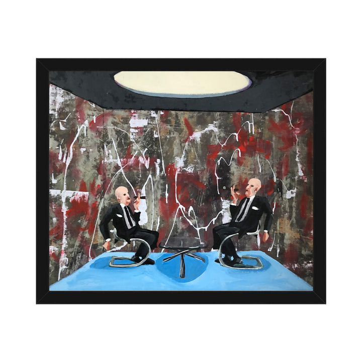 The artwork 'Doing Business' by Nikki Shapiro features two figures in business attire seated on a vibrant blue surface against a dramatic abstract background of red, grey, and white textured brushstrokes. The composition incorporates a bold black framing element and curved white accent at the top. Created in acrylic on canvas, measuring 26x32 inches.