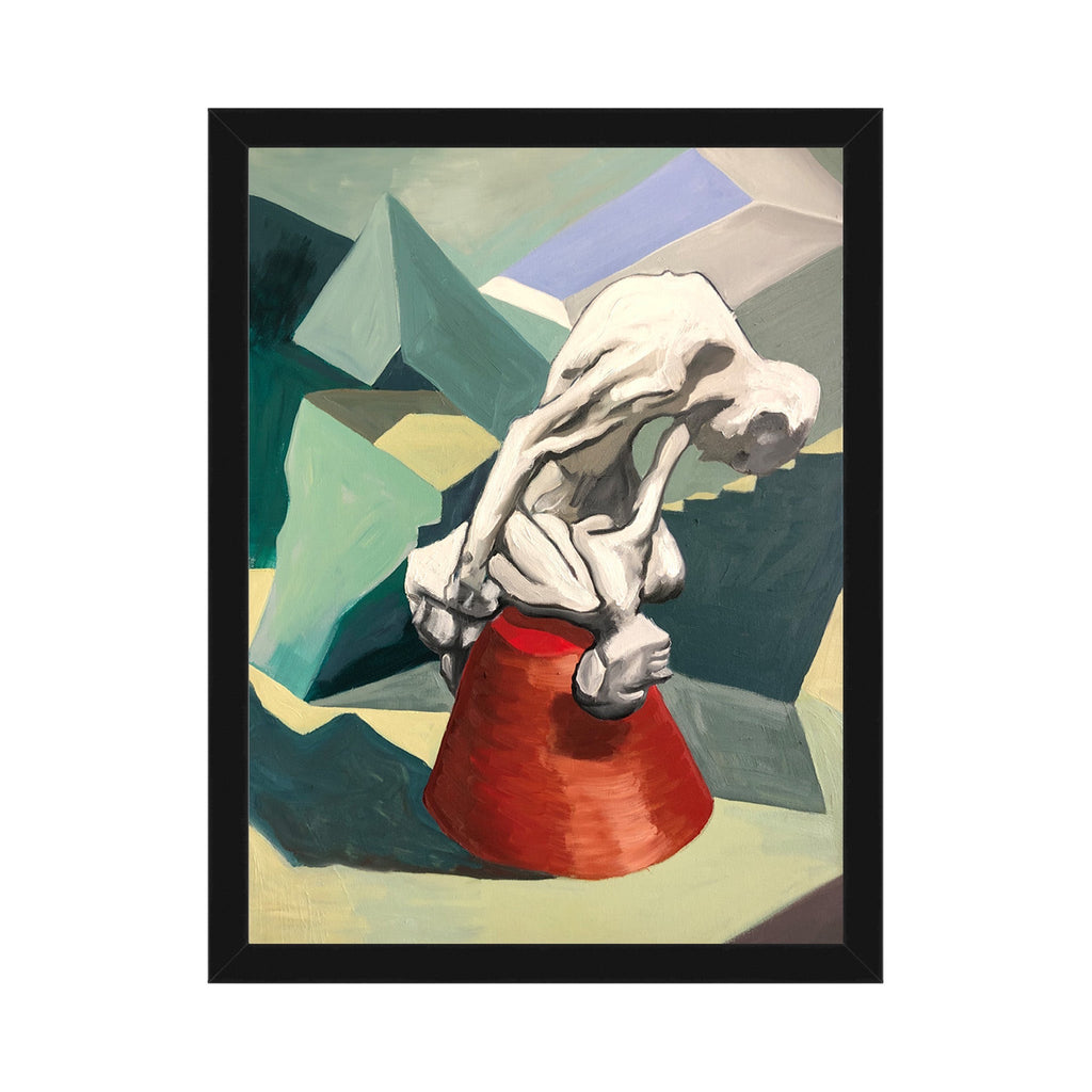 The artwork 'High Anxiety' features a dramatic abstract composition with a white sculptural form perched atop a bold red conical base, set against a geometric background of deep teal and muted yellow planes. The oil painting captures tension through angular shapes and contrasting colors, demonstrating a modern cubist-inspired style. By Nikki Shapiro.
