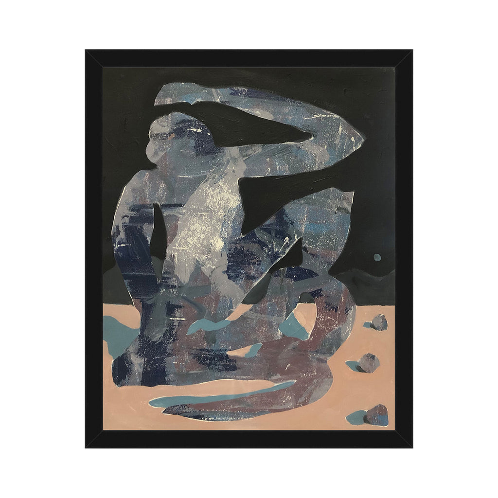 The artwork 'Monkey' by Nikki Shapiro features an abstract interpretation in muted blue-gray tones against a peach background. The acrylic on canvas painting showcases a dynamic, curved form suggesting a simian figure through geometric shapes and textural brushwork. The 20x16 inch composition displays a modernist approach with layered elements and subtle color transitions creating depth and movement.