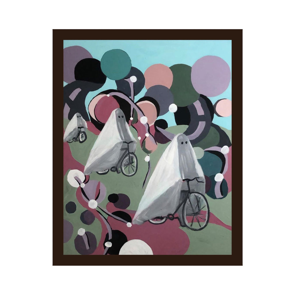 The artwork 'Ghosted' by Nikki Shapiro features whimsical ghost figures riding bicycles against a playful backdrop of overlapping circles in muted tones of teal, mauve, sage green, and dusty rose. The ghostly cyclists appear ethereal in white, floating through an abstract landscape of interconnected orbs and curved lines, creating a modern, whimsical composition on acrylic and oil canvas. Original artwork by Nikki Shapiro