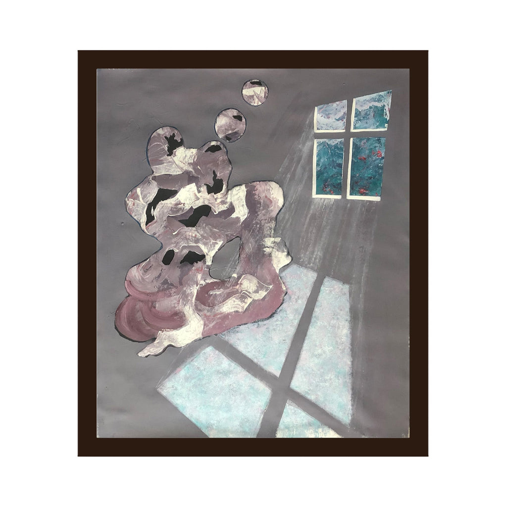 The artwork 'Rose Garden' by Nikki Shapiro features abstract floral forms in muted pink and gray tones, floating against a moody gray background. A turquoise window casts geometric light patterns on the floor, creating an ethereal interplay of shadows and reflections. The acrylic oil on canvas piece combines fluid organic shapes with architectural elements in a 36x41 inch composition.