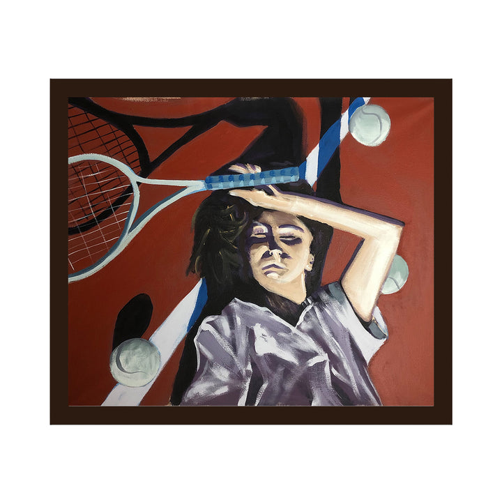 The artwork 'Tennis Girl' depicts a figure reclining against a terracotta background with a tennis racket and balls in dynamic composition. The painting features bold contrasts of white sporting equipment against warm red tones, with the subject wearing a silvery-gray top. Rendered in acrylic on canvas with expressive brushstrokes, this contemporary sports-themed artwork measures 40x30 inches. By Nikki Shapiro.