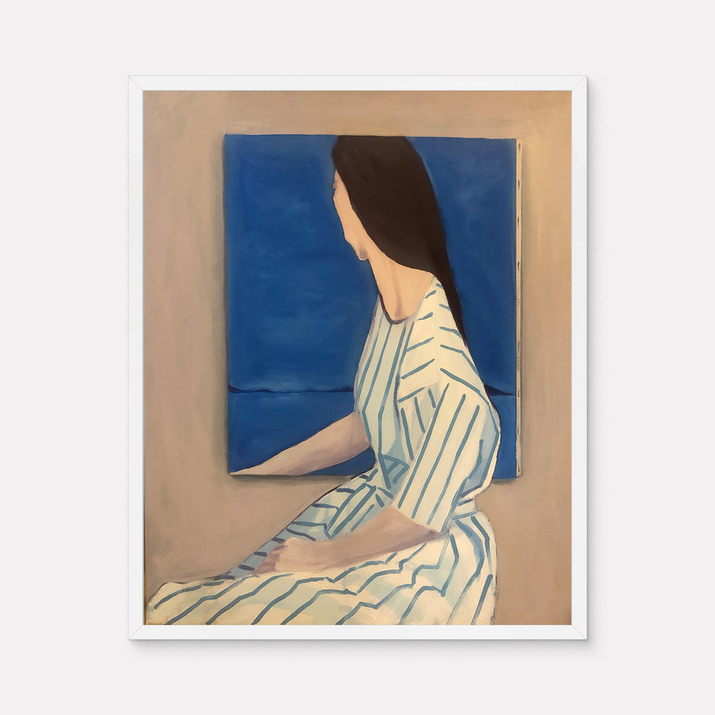 The artwork 'Inside the Painting' by Nikki Shapiro features a minimalist composition depicting a figure in a striped white and blue dress against a rich blue background, rendered in acrylic oil on canvas. The painting showcases clean lines, muted tones, and a contemplative side view pose, creating a serene atmosphere within its 40x32 inch frame.