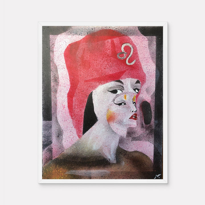 The artwork 'Lioness' by Nikki Shapiro features a profile portrait rendered in acrylic on canvas. A bold red cap with an astrological Leo symbol adorns the subject against a pink and grey background. The painting showcases ethereal textures and a dreamy quality, with delicate facial features emphasized by soft pink blush and red lips, measuring 28x22 inches.