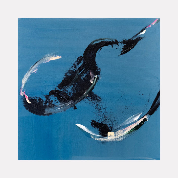 The artwork 'The Nightingale' features bold, dynamic black brushstrokes against a vibrant azure blue background, creating abstract avian forms in graceful motion. White and pink accents highlight the sweeping gestural marks, suggesting wings in flight. This 12x12 inch acrylic painting on canvas captures movement and energy by Kristin Gaudio Endsley.