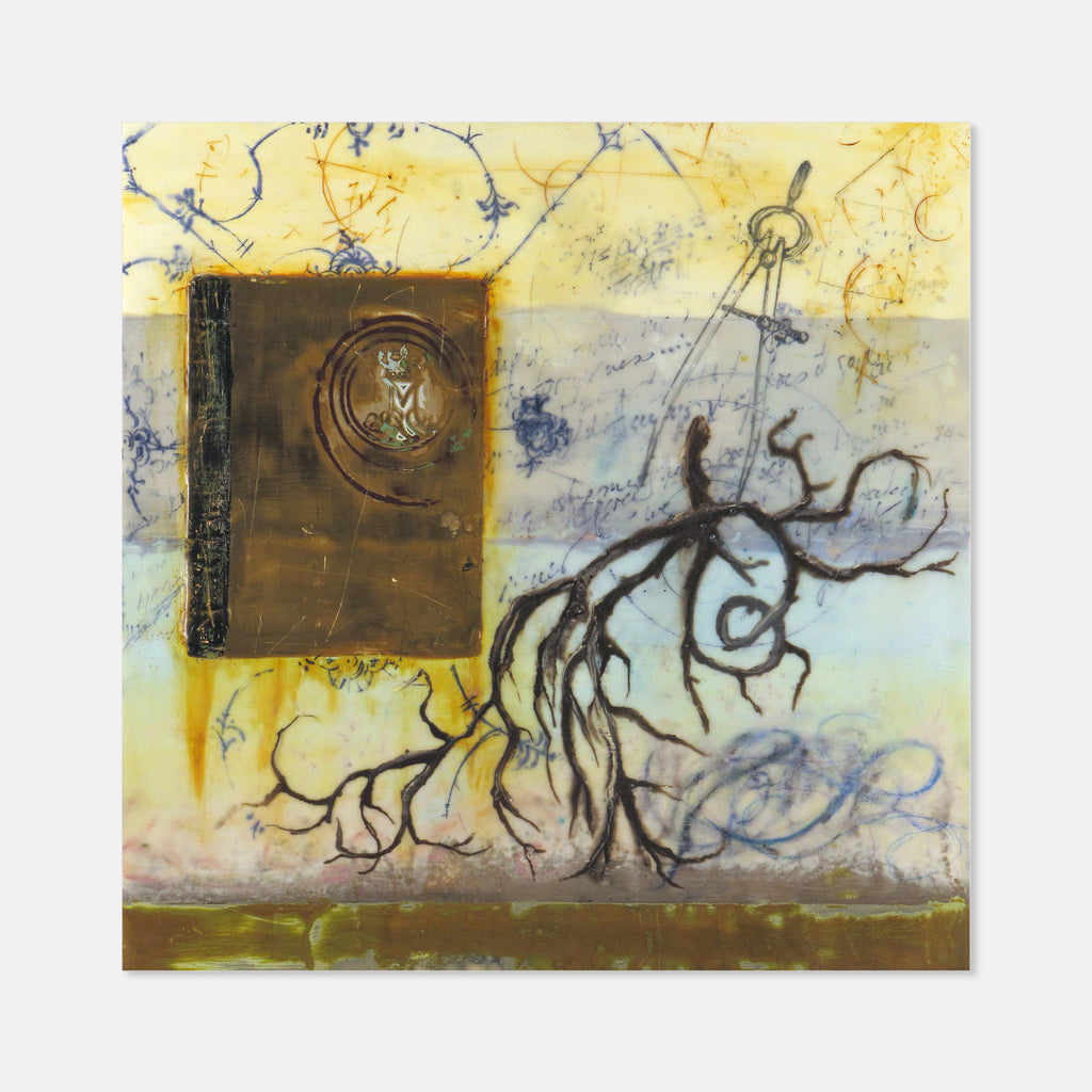 The artwork 'Nordic Roots' features an intricate composition of a twisted root system rendered in dark, organic lines against a luminous yellow and pale blue background. A mysterious brown book or panel with a circular emblem appears in the upper left, while delicate blue botanical sketches float across the ethereal backdrop. Created in encaustic and oil on wood panel by Karen Nielsen-Fried.