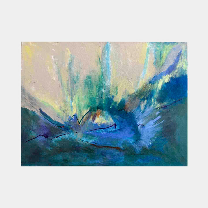 The artwork 'Northern Light' by Beth Barry features a dynamic abstract composition with vibrant blues and teals bursting upward against a soft yellow sky. Sweeping brushstrokes create an ethereal aurora-like effect, while deep navy tones ground the base. The acrylic painting on panel showcases expressive movement and atmospheric depth. By Beth Barry.