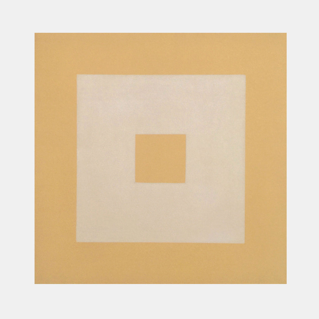The artwork 'Nostalgia' by Shyun Song features a minimalist geometric composition with concentric squares in warm beige and cream tones. A central golden square is framed by a larger off-white square, set against an outer beige background, creating a serene and balanced abstract design. Oil on canvas, 30x30 inches.