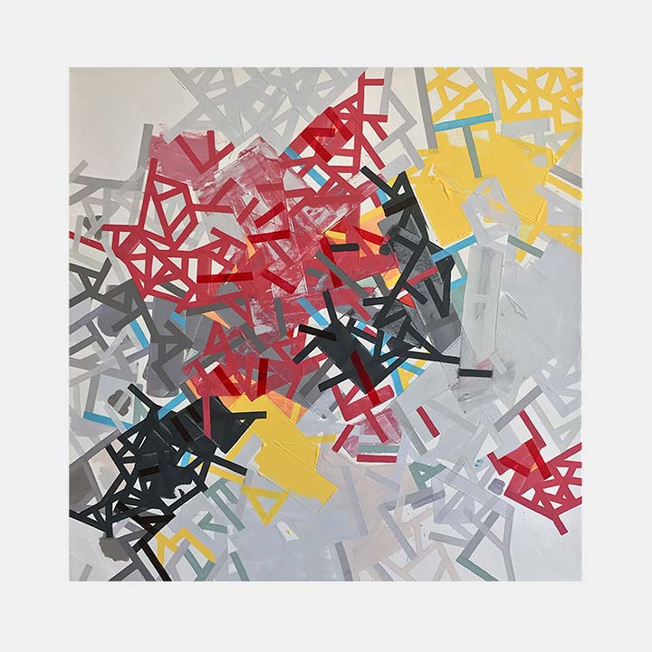 The artwork 'Not a Reetin' by Philippe Halaburda features abstract geometric patterns with dynamic angular shapes in red, black, yellow, and gray. The composition shows scattered linear elements creating a sense of movement across a light background. The mixed media piece combines acrylic paint with felt tip and pencil details on stretched canvas.