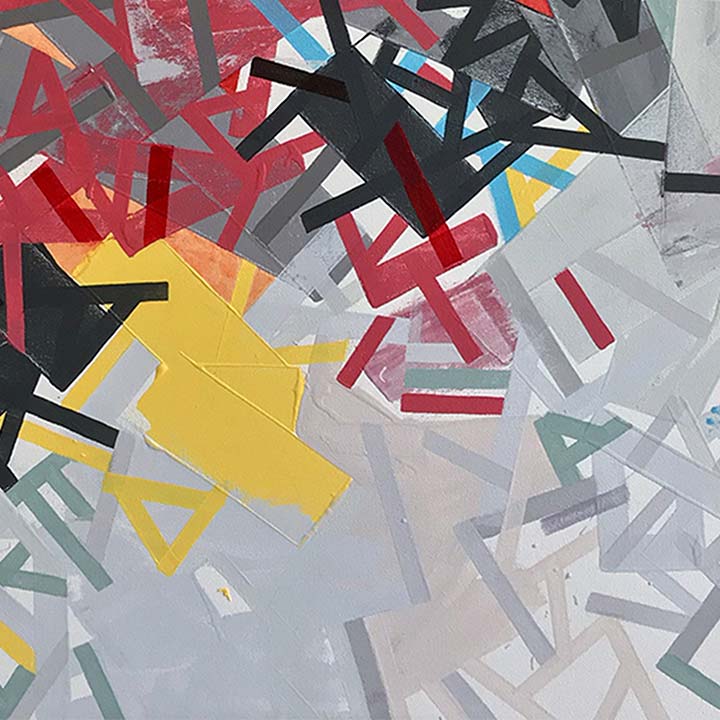 The artwork 'Not a Reetin' by Philippe Halaburda features dynamic geometric abstract composition with intersecting angular shapes in red, yellow, black, and gray tones. Bold strokes and sharp triangular forms create a sense of movement across a light gray background, combining acrylic paint with felt tip and pencil details on canvas.