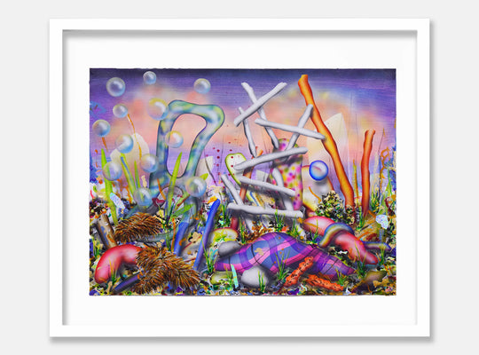 The artwork 'Nothing Very Smart' by Jon Duff features a vibrant underwater fantasy landscape with twisted coral-like forms in neon greens, blues, and oranges against a purple twilight backdrop. Abstract white crossed structures intersect with flowing organic shapes, while iridescent bubbles float above. Acrylic on paper creates a psychedelic aquatic world with luminous colors and fluid textures.