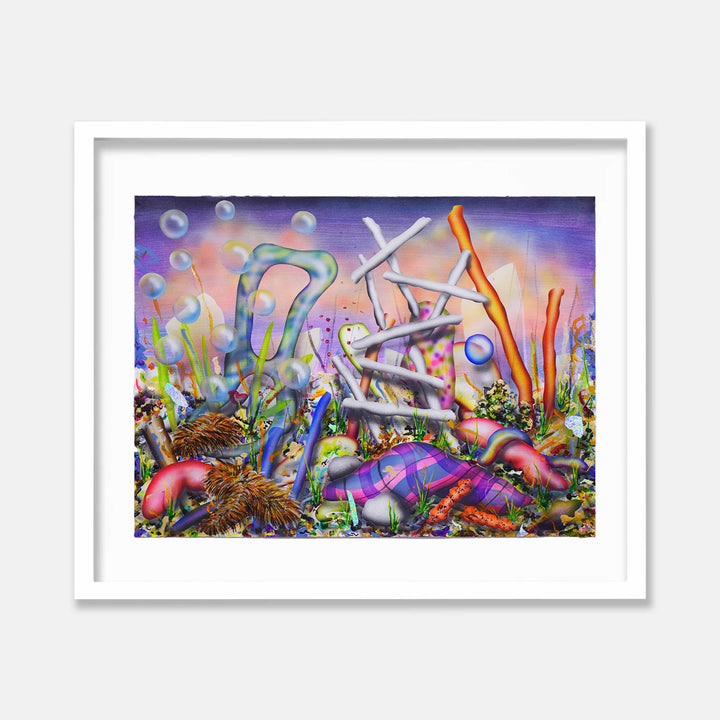 The artwork 'Nothing Very Smart' by Jon Duff features a vibrant underwater fantasy landscape with twisted coral-like forms in neon greens, blues, and oranges against a purple twilight backdrop. Abstract white crossed structures intersect with flowing organic shapes, while iridescent bubbles float above. Acrylic on paper creates a psychedelic aquatic world with luminous colors and fluid textures.