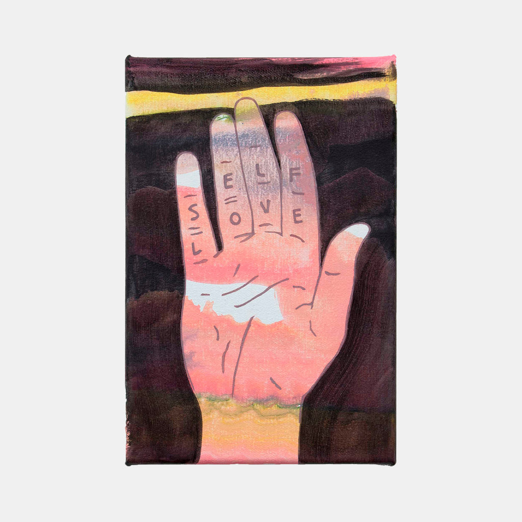 The artwork 'Not too high and not too low' depicts an upraised palm painted in soft coral pink tones against a dark background. Letters spelling "SELF LOVE" are inscribed across the fingers. The composition features horizontal stripes of yellow and burgundy, creating a sunset-like effect. Oil and acrylic on cotton canvas showcase delicate line work and color gradients. By Christian Perdix.