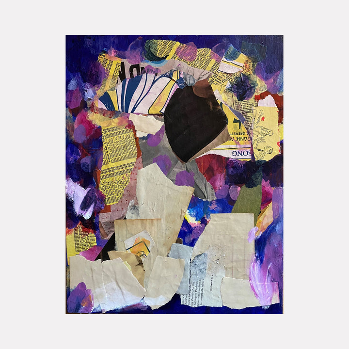 The artwork 'November Light' by Kevin McGoff features a vibrant mixed media collage on wood panel, combining torn paper fragments, newspaper clippings, and bold brushstrokes. Deep purples and blues frame the composition, with bursts of yellow text and white paper creating dynamic contrast. Abstract shapes and layered textures evoke an atmospheric, experimental aesthetic. by Kevin McGoff
