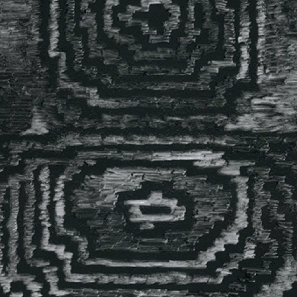The artwork 'Now It Sees Itself' by Brittany Kieler features a geometric abstract design in black lithographic ink. Concentric octagonal patterns create a mysterious figure-like form against a textured dark background, rendered on white cotton rag paper. The design suggests depth through layered shapes and atmospheric textures.
