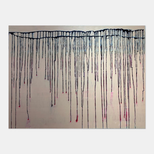 The artwork 'Nude and Black' by Camilla Webster features dramatic vertical black drip lines against a nude-colored canvas background. The drips create a striking pattern of controlled chaos, with thin lines varying in length and thickness, some ending in subtle pink accents. This contemporary abstract acrylic painting measures 36x48 inches and exemplifies minimalist drip technique.
