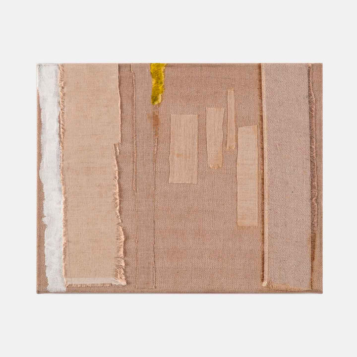 The artwork 'Nuf Said' by Molly Herman features a minimalist linen collage in neutral beige and blush tones, with geometric shapes and textural elements arranged in vertical bands. A small striking accent of yellow adds contrast to the subtle composition. Raw edges and layered fabric create depth and dimensionality in this 16x20 inch contemporary textile artwork.