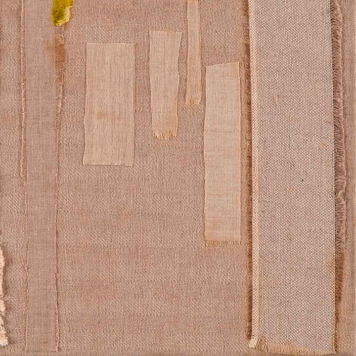 The artwork 'Nuf Said' by Molly Herman features a minimalist linen collage in muted blush tones. Abstract rectangular shapes in pale beige and cream are layered on a textured linen background, creating subtle depth and geometric composition. A small touch of yellow adds contrast to the monochromatic palette. The 16x20 inch piece showcases raw edges and textural elements characteristic of fabric art by Molly Herman.