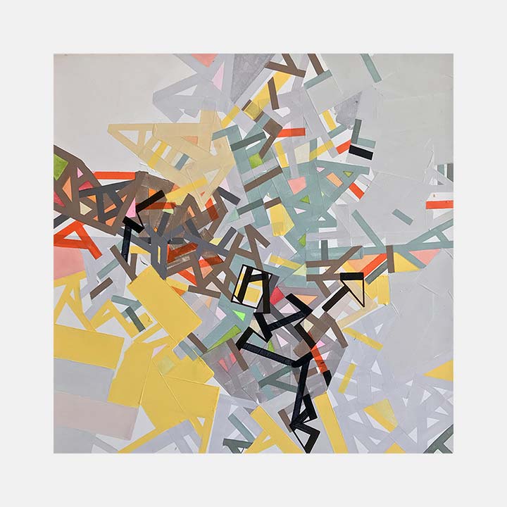 The artwork 'Nurbaitt Netwo' by Philippe Halaburda features abstract geometric shapes in a dynamic composition. Angular fragments in yellow, coral red, and gray create a sense of movement across the canvas. Bold black lines intersect with softer pastel tones, showcasing a modern abstract style executed in acrylic and felt tip markers on stretched canvas. By Philippe Halaburda.
