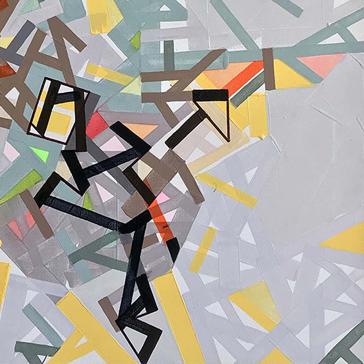 The artwork 'Nurbaitt Netwo' by Philippe Halaburda features abstract geometric shapes in black angular lines resembling a stylized figure, set against a dynamic background of intersecting rectangular forms in soft pastels, yellows, and coral tones. Mixed media artwork combines acrylic paint with precise felt-tip and pencil details on canvas, creating a modern geometric composition.