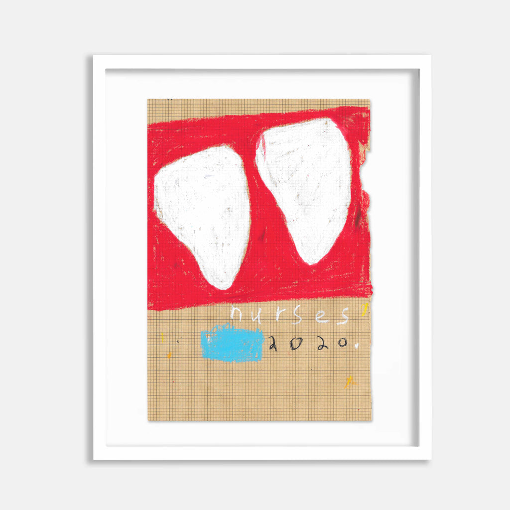 The artwork 'Nurses' by Joseph O'Neal features two bold white abstract shapes against a vibrant red background on textured found paper. Below the composition, a light brown grid pattern forms the base, with handwritten text and a small blue rectangular accent. Created with wax pastel, the piece combines geometric and organic forms in a minimalist style.