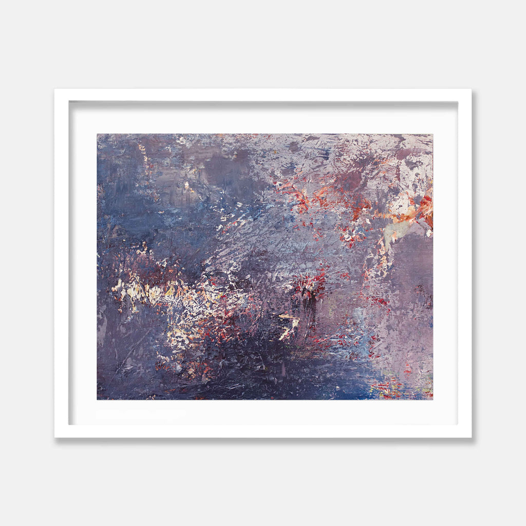 The artwork 'October' by Jacqueline Ferrante features an abstract composition with textured layers of deep blue and purple hues, accented with vibrant coral and white highlights. The acrylic and mixed media piece on Dura-Lar creates a dynamic, weathered surface with energetic brushstrokes and scattered markings, evoking an atmospheric autumn mood.
