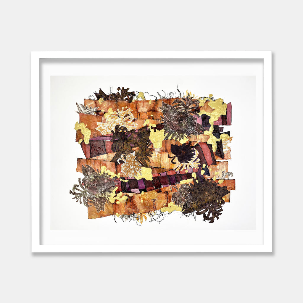 The artwork 'October Summer' by Christina Massey features a dynamic collage of autumn-hued elements, combining warm oranges and deep browns with splashes of yellow. The mixed-media piece showcases linocut sunflower-like forms layered with textural thread work against a fragmented canvas and paper background, framed in classic white.