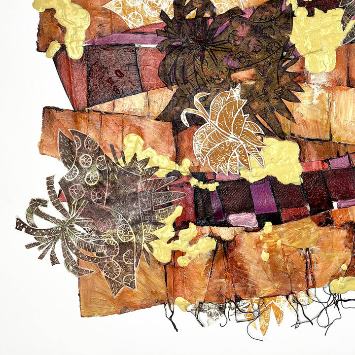 The artwork 'October Summer' by Christina Massey features abstract floral elements in linocut technique, combining dark browns, rich purples, and golden yellows in a fragmented composition. Intricate thread details weave through geometric shapes and botanical motifs, creating a mixed-media collage effect with textured acrylic and paper elements.