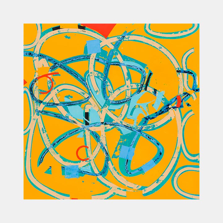 The artwork 'Octopian' features intertwining aqua blue curved lines creating a dynamic abstract pattern against a vibrant orange background. The fluid brushstrokes suggest movement and flow, with translucent layers of turquoise and white paint creating depth on wood panel. The composition combines gestural expressionism with geometric elements in oil paint. By Mary Didoardo.
