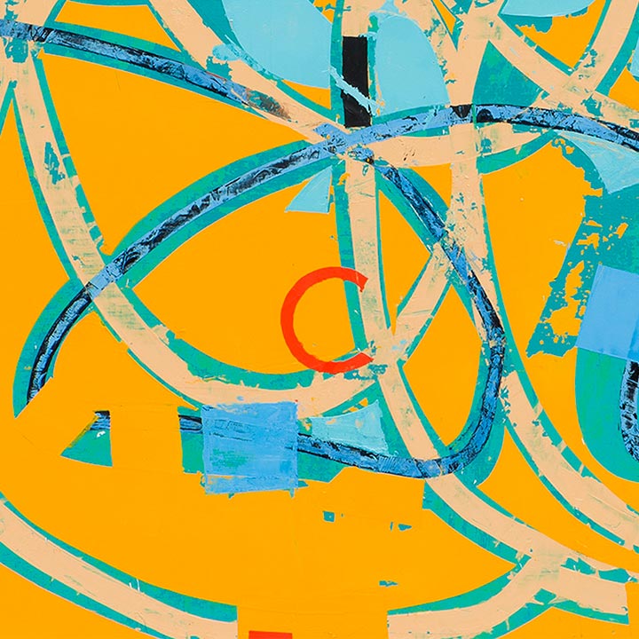 The artwork 'Octopian' by Mary Didoardo features dynamic curved lines in beige and turquoise blue intersecting across a vibrant orange background. Bold geometric composition with abstract swirling patterns creates movement and depth. A striking red circular element adds contrast. Oil on wood, 30x30 inches. Abstract expressionist style with textural brushwork.
