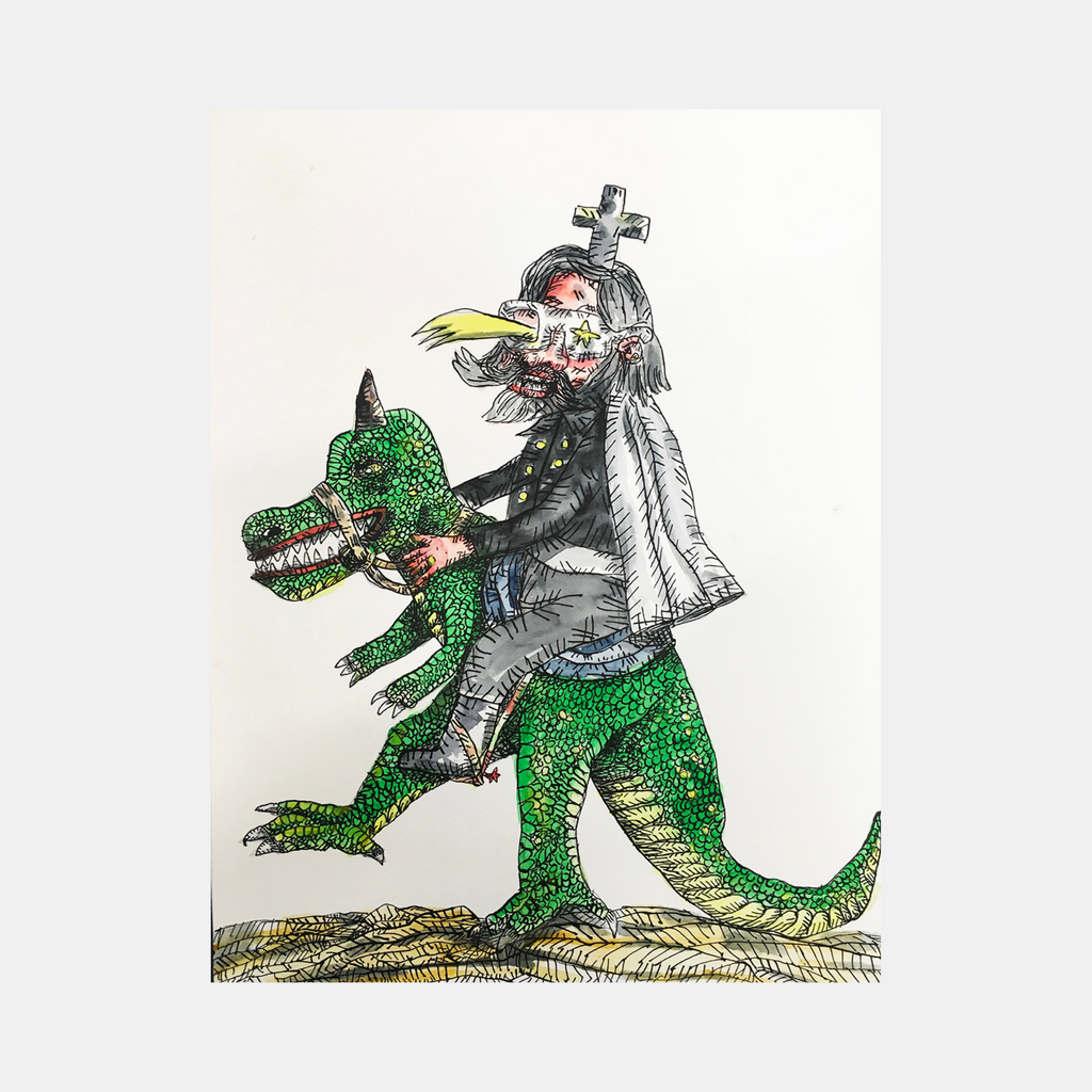 The artwork 'Oil Jesus and the dinosaur' by Andrew Chan depicts a whimsical ink and watercolor illustration featuring a figure in religious attire riding a bright green T-Rex dinosaur. The figure wears a grey robe with a cross crown, while the detailed dinosaur shows textured scales in emerald green with distinctive teeth. The composition is set against a clean white background, showcasing the artist's precise linework and watercolor technique.