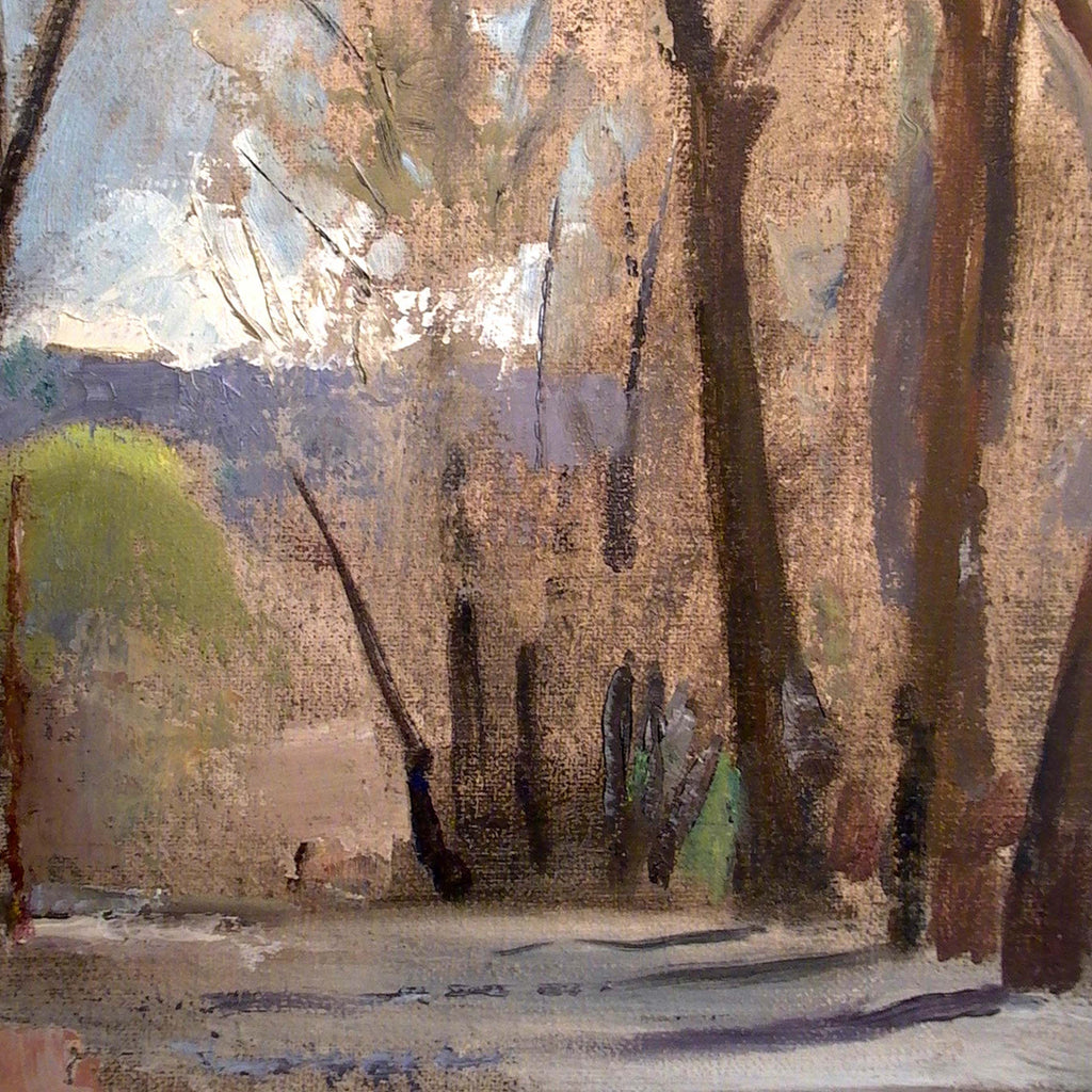 The artwork 'Old Cottonwoods, Taos, NM' by Peter Colquhoun captures majestic cottonwood trees in an impressionistic style, featuring earthy brown trunks against a muted sky. The oil painting depicts towering trees with thick trunks, subtle green foliage, and violet mountains in the background, creating a serene New Mexican landscape on panel.