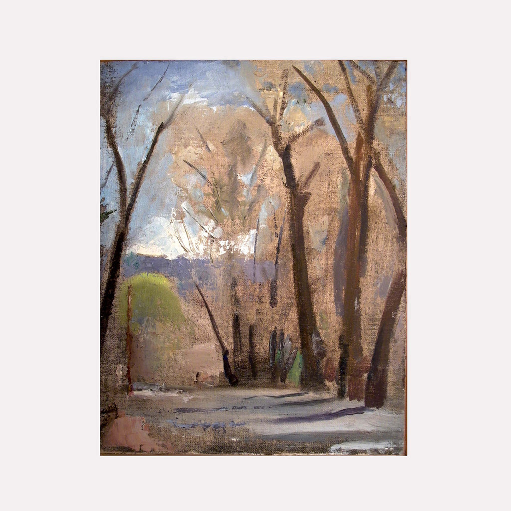 The artwork 'Old Cottonwoods, Taos, NM' by Peter Colquhoun captures a serene woodland scene with tall cottonwood trees casting shadows on a winding path. The oil painting features muted earth tones, with brown tree trunks against a soft blue sky, touches of green foliage, and delicate brushwork creating a peaceful New Mexican landscape on panel.