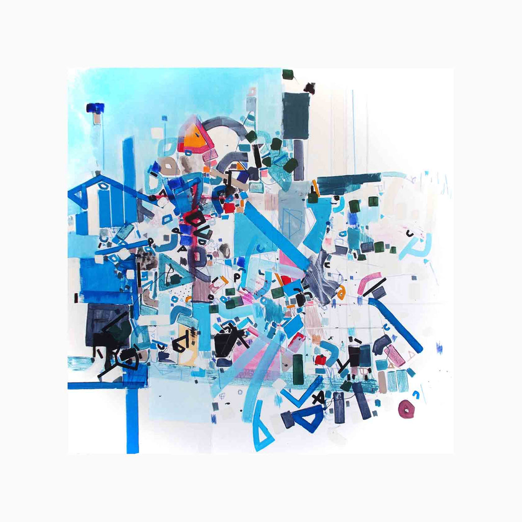 The artwork 'Olyphe pour Nylet' by Philippe Halaburda features an abstract geometric composition dominated by vibrant blue tones. Dynamic scattered shapes and angular fragments create a sense of movement across the canvas. Small geometric elements in black, pink, and white float through a turquoise background, forming a complex mosaic-like pattern with bold linear elements.
