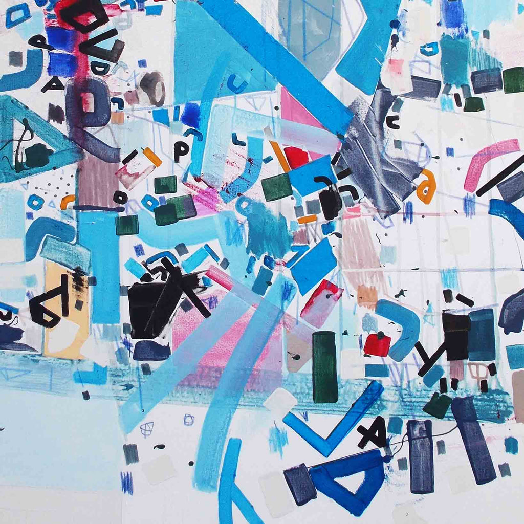Olyphe pour Nylet by Philippe Halaburda features an abstract composition of scattered geometric shapes and letters in vibrant blues, blacks, and pinks against a white background. Dynamic brushstrokes and sharp angular forms create a sense of movement, while mixed media techniques combine acrylic paint with felt tip markers on stretched canvas. Artist: Philippe Halaburda
