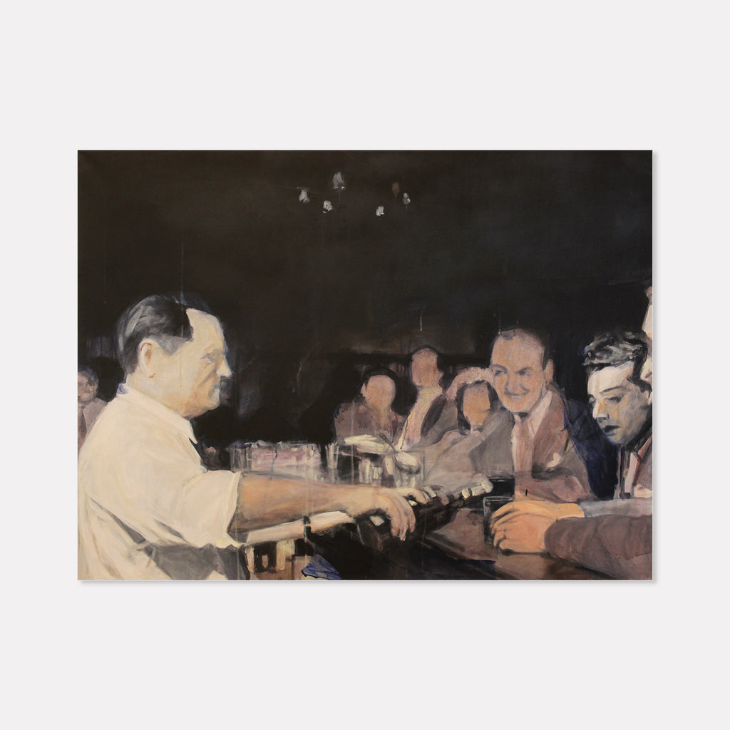 The artwork 'One More' by Chris Baily depicts a dimly lit bar scene painted in muted acrylics on canvas. The composition features figures gathered around a counter in atmospheric lighting, rendered in soft brushstrokes with warm amber and deep shadowy tones, capturing a nostalgic evening ambiance through expressive painterly technique.