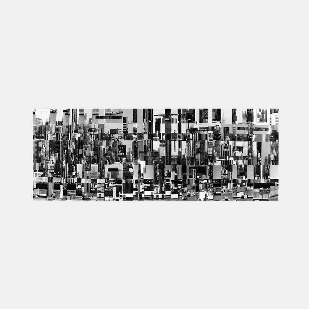 The artwork 'On the Waterfront' by Adrienne Moumin features a striking black and white abstract photographic collage. Multiple fragmented architectural elements create a dense urban landscape, arranged in a geometric pattern suggesting a cityscape reflection on water. The composition measures 10.5 x 23.5 inches and showcases contrasting light and dark segments in a modernist style.