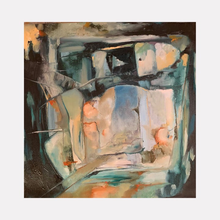 The artwork 'Onyx' by Rita BasuMallick features an abstract composition with dynamic brushstrokes in teal, peach, and charcoal tones. Oil on canvas painting showcases fluid movements and textural elements, creating a moody atmosphere through layered paint applications and contrasting light and dark spaces. 16x16 inches unstretched canvas artwork by Rita BasuMallick.