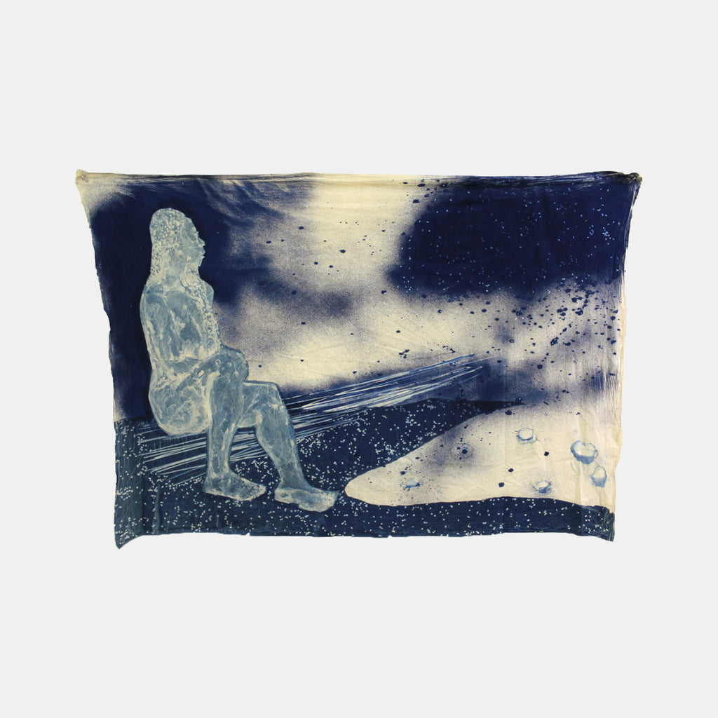 The artwork 'Open to Interpretation' by Johanna Ryan features a dreamy cyanotype composition on tea-dyed muslin, depicting a contemplative silhouette against a dynamic deep blue and ivory background. Ethereal splatters and celestial-like patterns create a mystical atmosphere, while the textural contrasts between smooth and speckled areas enhance the piece's depth. The 50x84 inch artwork combines traditional photographic processes with contemporar