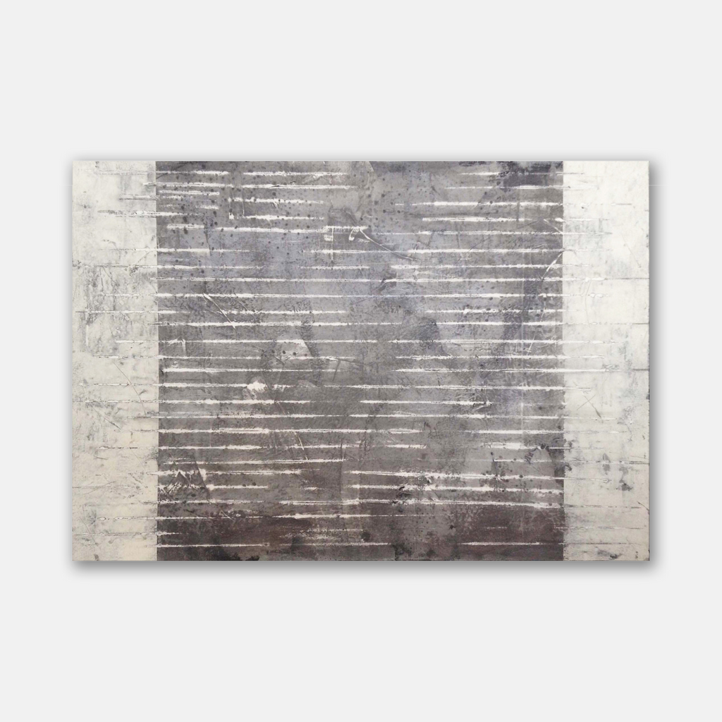 The artwork 'Opposite Wall' by Shira Toren features horizontal striations in varying shades of gray against a white background, created with Venetian plaster and pigment on canvas. The textured surface creates a rhythmic pattern of light and shadow, suggesting architectural elements or weathered surfaces. The 36x48 inch piece combines minimalist design with rich textural depth.