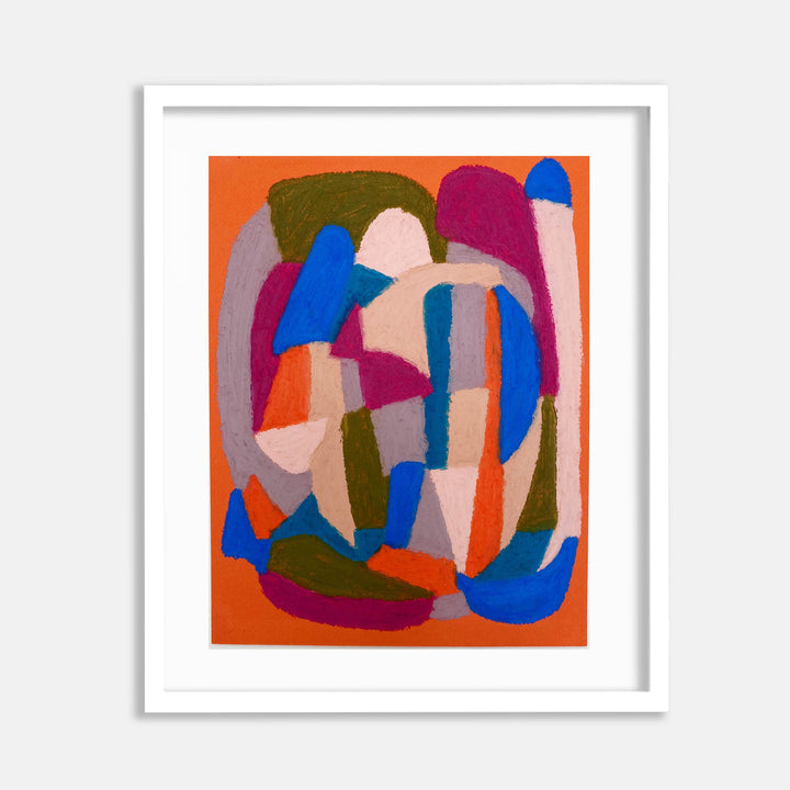 The artwork 'Orange' by Alicia Little features an abstract composition of overlapping curved shapes in vibrant blue, pink, olive green, and purple against a bright orange background. Created with oil pastel and gouache, the 11x8.5 inch piece showcases smooth, flowing forms that create a dynamic interplay of colors and organic movement. by Alicia Little
