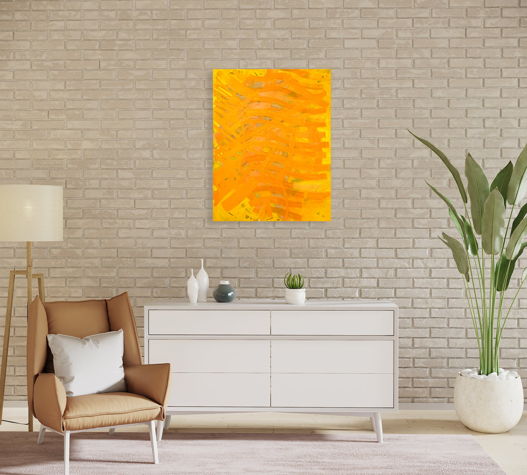 The artwork 'Orange Ebb' by Julie Shapiro features vibrant waves of orange and yellow hues flowing across the canvas in dynamic brushstrokes. The abstract composition creates a sense of movement through textured layers of oil paint, with subtle variations in tone creating depth and energy. The 36x28 inch painting demonstrates expressive modern artistic style by Julie Shapiro.