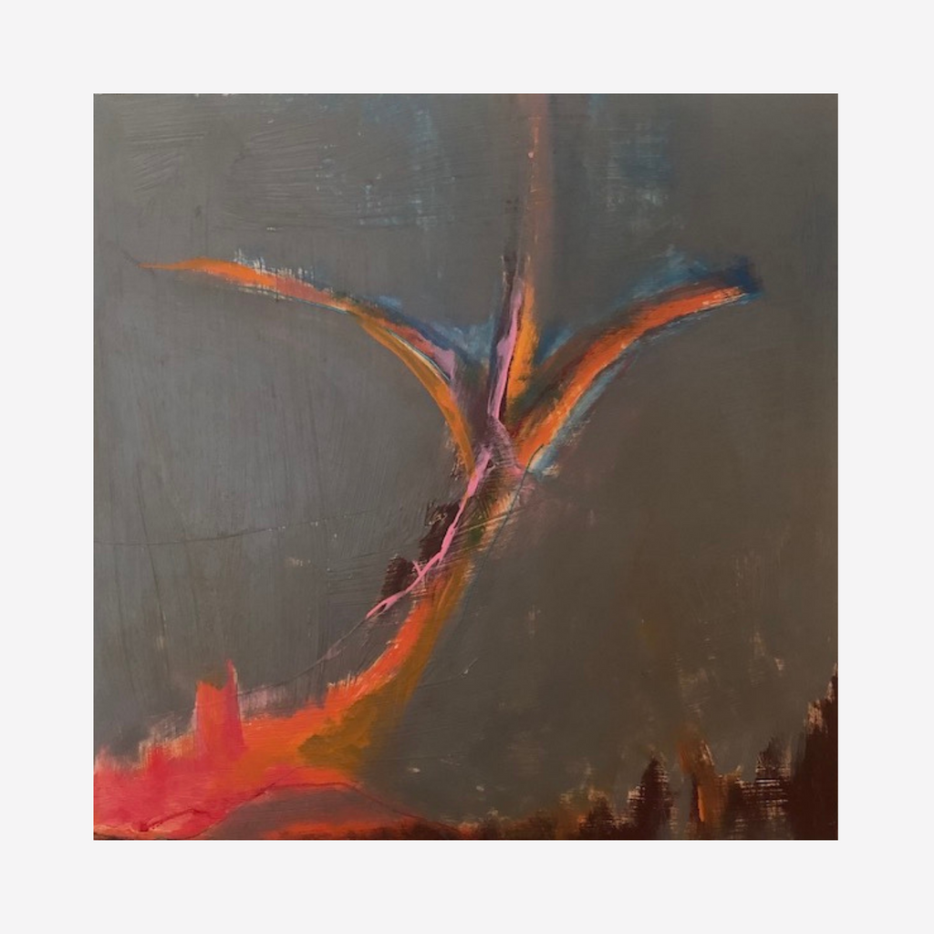 The artwork 'Orange Sapling' by Beth Barry features a dynamic abstract composition with a vibrant orange form emerging from a deep charcoal background. The brushstrokes create a graceful, upward-reaching movement reminiscent of a young tree, with touches of pink and purple accents. The 12x12 inch acrylic painting on panel combines bold gestural strokes with subtle color transitions. By Beth Barry.