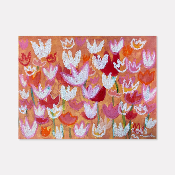 The artwork 'Orange Tulip' by Ayane Kurai features a vibrant field of stylized tulips in white, pink, and red against a warm orange background. Created with watercolor and cray-pas, the flowers appear in an abstract, whimsical pattern, with delicate stems and loose, expressive brushstrokes creating a dreamy, impressionistic garden scene at 9x12 inches.