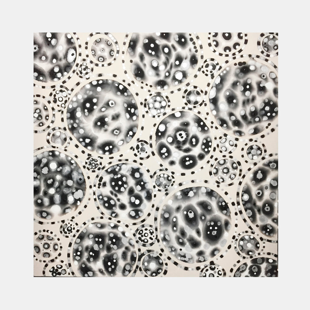 The artwork 'Orbs of Origin' by Eric Jiaju Lee features ethereal monochromatic spheres floating in a white space, creating a microscopic cellular effect. Multiple translucent orbs with intricate black and grey spotted patterns overlap, suggesting biological or cosmic forms. The abstract composition displays a mesmerizing depth through layered circular shapes and delicate dot patterns by Eric Jiaju Lee.