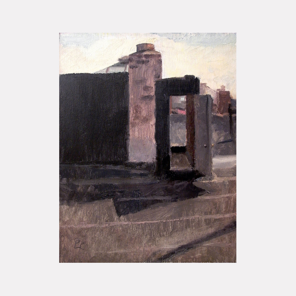 The artwork 'Orchard Street Roof' by Peter Colquhoun captures an urban rooftop scene in muted tones, featuring geometric architectural elements with dark silhouettes against a soft sunset sky. The oil painting showcases industrial structures, ventilation units, and shadow play across textured surfaces in shades of black, mauve, and dusty rose.