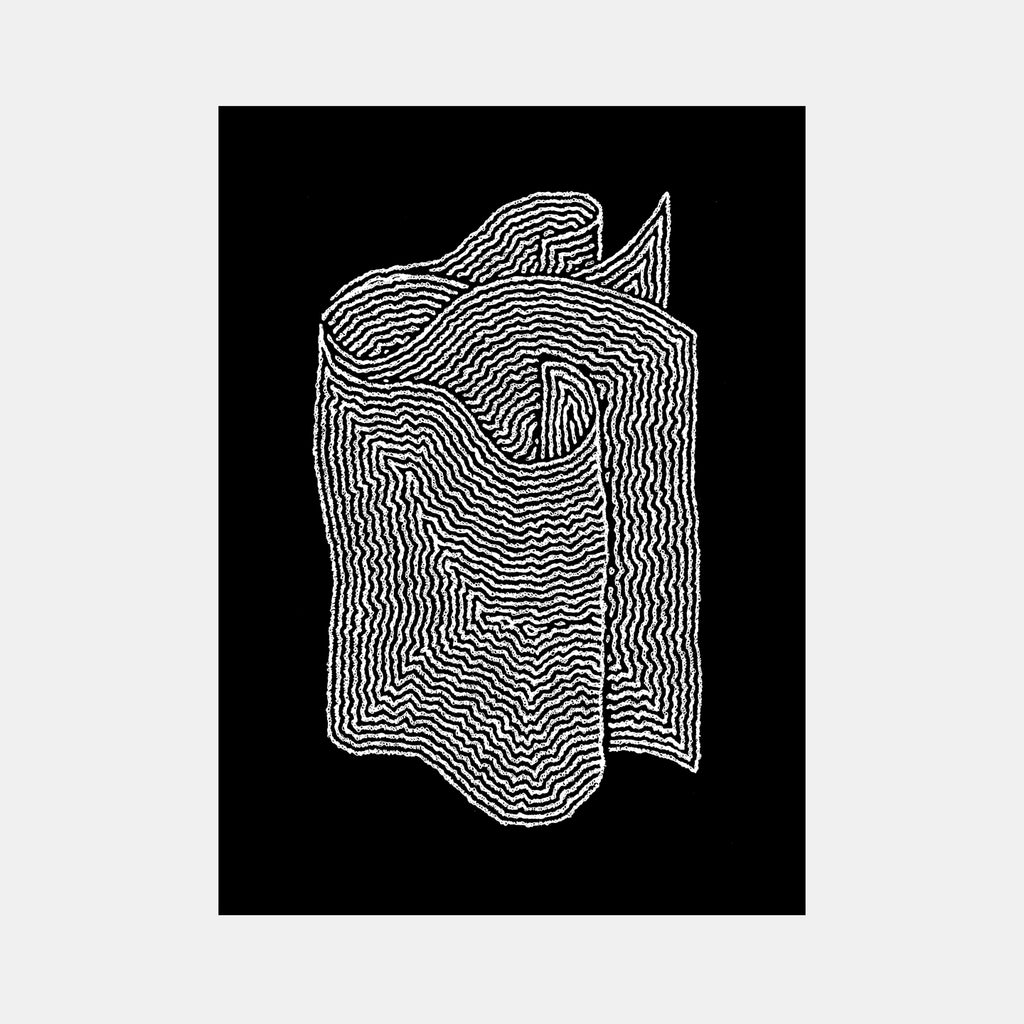 The artwork 'Orfice I' by Brittany Kieler features an abstract form created with intricate white line patterns on black background, resembling a topographic map or fingerprint texture. The flowing lines create a sculptural shape with curved edges and organic contours, printed in lithographic ink on cotton rag paper. The piece is displayed in a white frame.