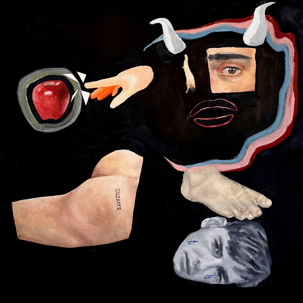 The artwork 'Original Sin' by Cole Richard Puetz features surrealist oil painting elements on paper collaged onto canvas, depicting a red apple, floating white shapes, body fragments including a foot and arm, and abstract facial features against a dark background. The piece combines warm flesh tones with striking red and white accents in a 24x24 inch composition.