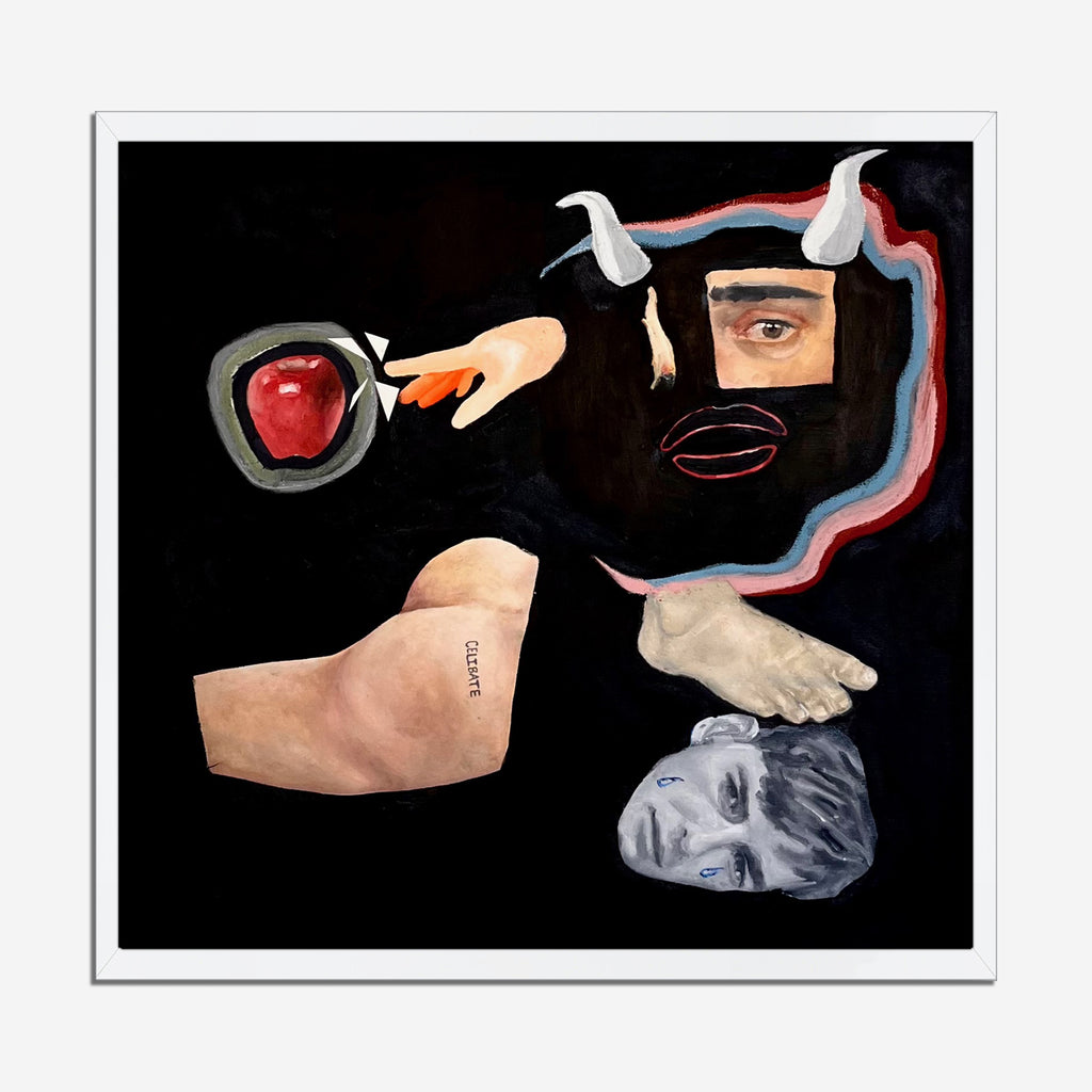 The artwork 'Original Sin' by Cole Richard Puetz features a surreal collage composition on black background, depicting scattered elements including a vibrant red apple, floating white horn-like shapes, abstract body parts, and fluid curving lines in red and blue. The oil paint on paper technique creates rich textures and dramatic contrasts across the 24x24 inch canvas. By Cole Richard Puetz.